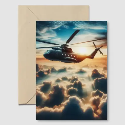 Military Helicopter Flying Above Golden Clouds