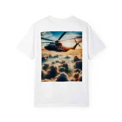 Military Helicopter Flying Above Golden Clouds