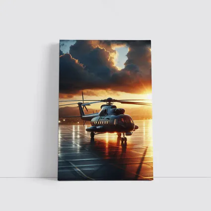 Military Helicopter On Tarmac At Sunset