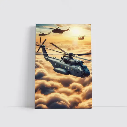Military Helicopters Flying Above Golden Clouds
