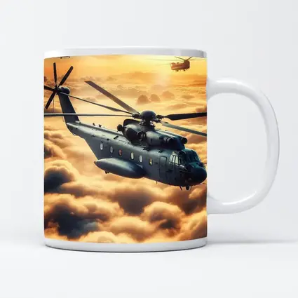 Military Helicopters Flying Above Golden Clouds