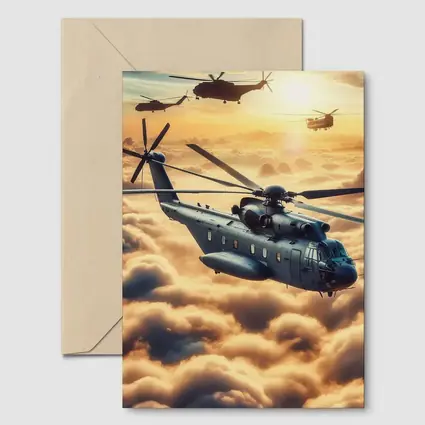 Military Helicopters Flying Above Golden Clouds