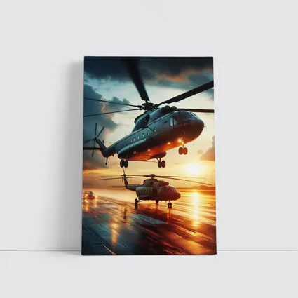 Military Helicopters Taking Off At Sunset