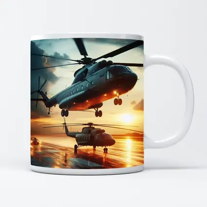 Military Helicopters Taking Off At Sunset