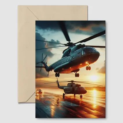 Military Helicopters Taking Off At Sunset