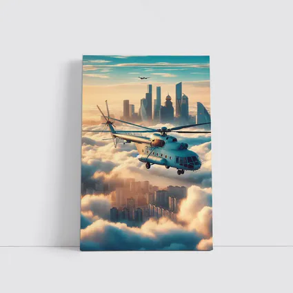 Military Helicopter Flying Above City Clouds