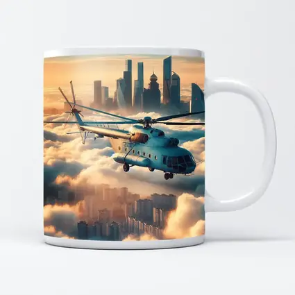 Military Helicopter Flying Above City Clouds