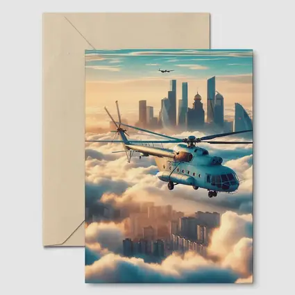 Military Helicopter Flying Above City Clouds
