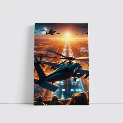 Military Helicopters Flying Over Glowing City