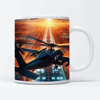 Military Helicopters Flying Over Glowing City