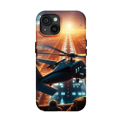 Military Helicopters Flying Over Glowing City