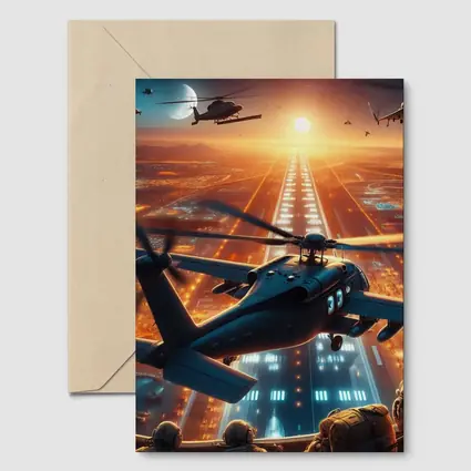 Military Helicopters Flying Over Glowing City