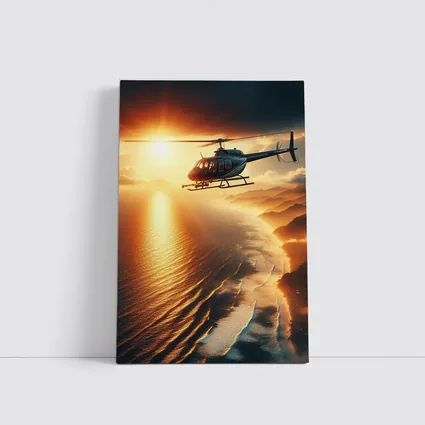Helicopter Flying Over Coastal Sunset Landscape