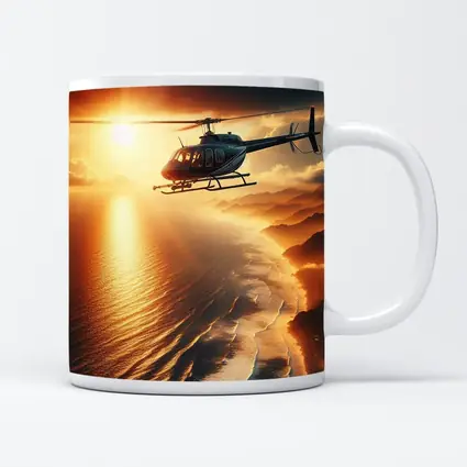 Helicopter Flying Over Coastal Sunset Landscape