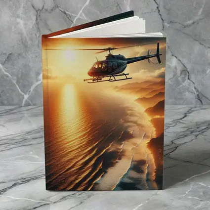 Helicopter Flying Over Coastal Sunset Landscape