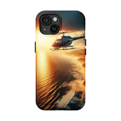 Helicopter Flying Over Coastal Sunset Landscape