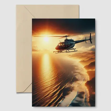 Helicopter Flying Over Coastal Sunset Landscape