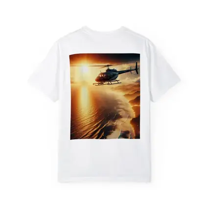 Helicopter Flying Over Coastal Sunset Landscape