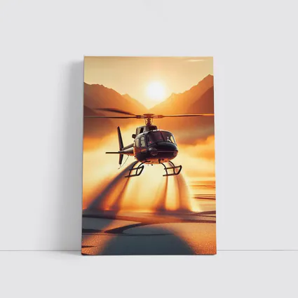 Helicopter Flying Over Golden Sunset Lake