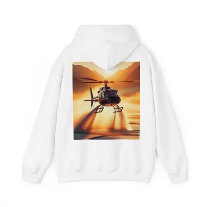 Helicopter Flying Over Golden Sunset Lake