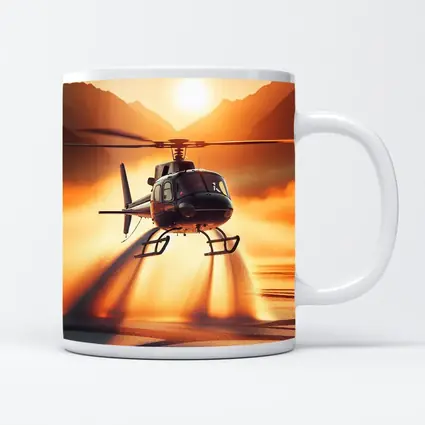 Helicopter Flying Over Golden Sunset Lake