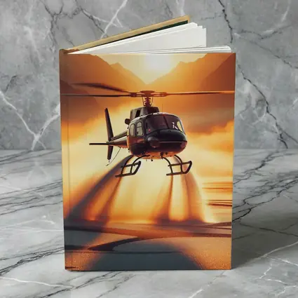 Helicopter Flying Over Golden Sunset Lake