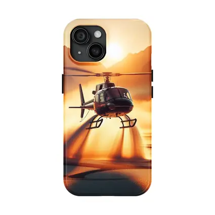 Helicopter Flying Over Golden Sunset Lake