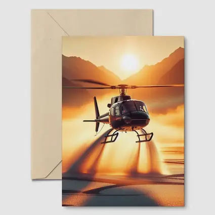 Helicopter Flying Over Golden Sunset Lake