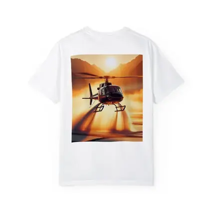 Helicopter Flying Over Golden Sunset Lake