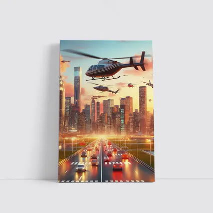 Helicopters Flying Over City Skyline Sunset