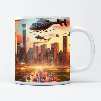 Helicopters Flying Over City Skyline Sunset