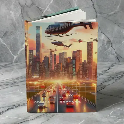 Helicopters Flying Over City Skyline Sunset