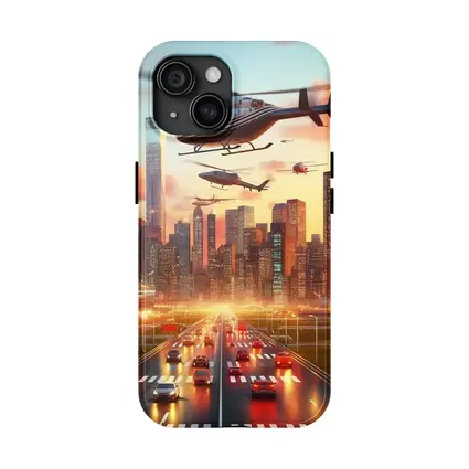 Helicopters Flying Over City Skyline Sunset