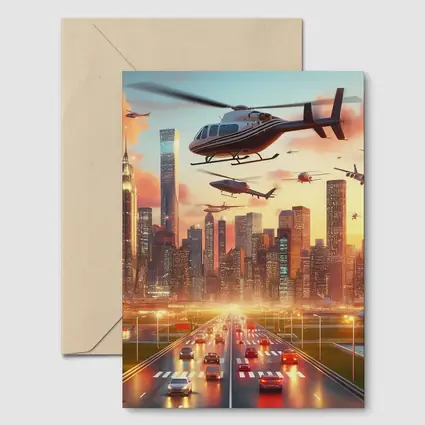 Helicopters Flying Over City Skyline Sunset