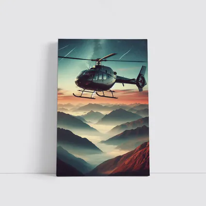 Helicopter Flying Over Misty Mountain Sunset
