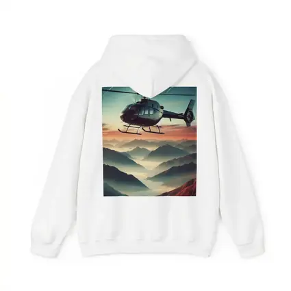 Helicopter Flying Over Misty Mountain Sunset