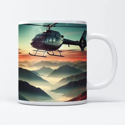 Helicopter Flying Over Misty Mountain Sunset