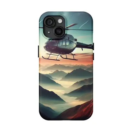 Helicopter Flying Over Misty Mountain Sunset