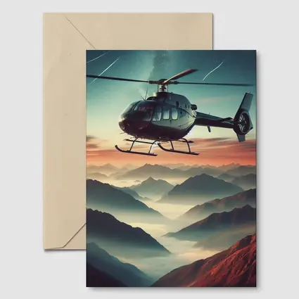 Helicopter Flying Over Misty Mountain Sunset