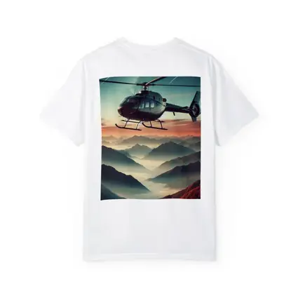 Helicopter Flying Over Misty Mountain Sunset