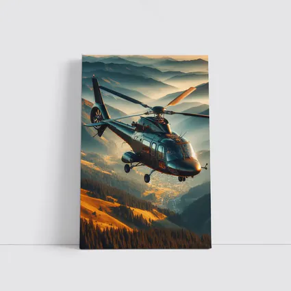 Helicopter Flying Over Mountain Valley Landscape