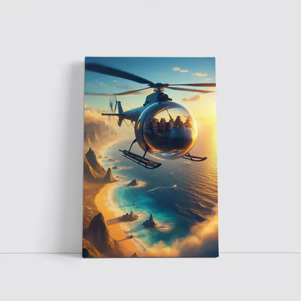 Helicopter Flying Over Coastal Sunset Landscape