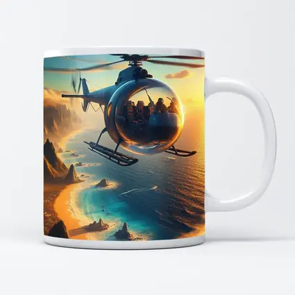 Helicopter Flying Over Coastal Sunset Landscape