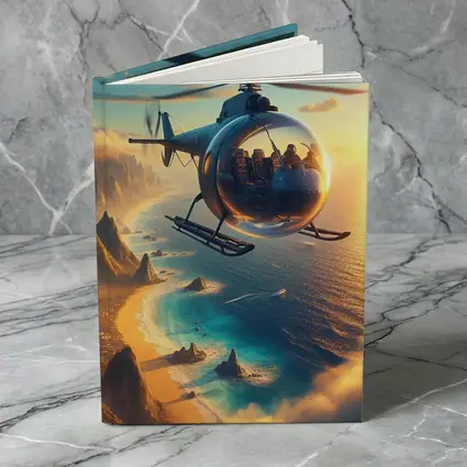 Helicopter Flying Over Coastal Sunset Landscape