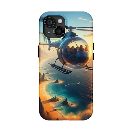 Helicopter Flying Over Coastal Sunset Landscape