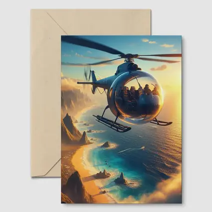 Helicopter Flying Over Coastal Sunset Landscape