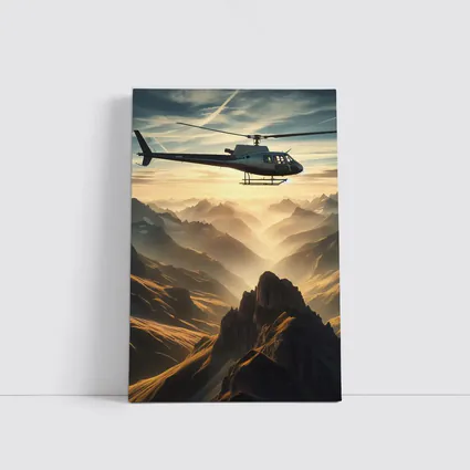 Helicopter Flying Over Misty Mountain Range