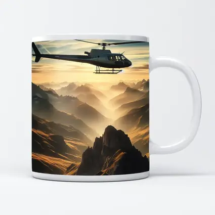 Helicopter Flying Over Misty Mountain Range