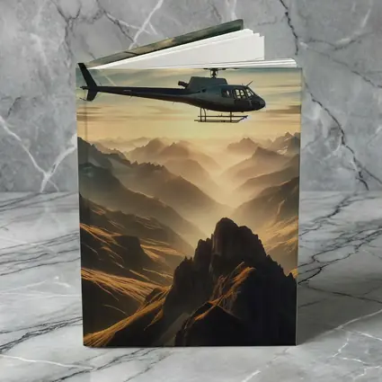 Helicopter Flying Over Misty Mountain Range