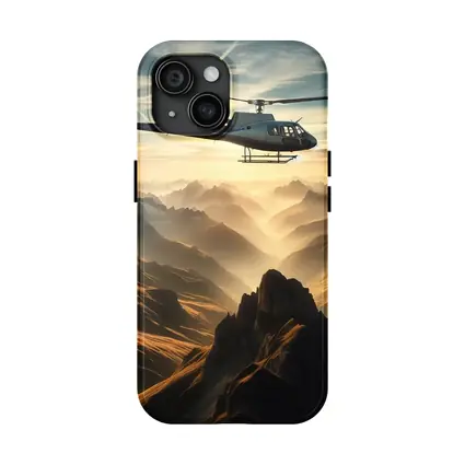 Helicopter Flying Over Misty Mountain Range